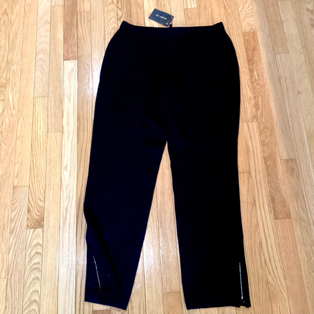 ST. JOHN EVENING black knit pants with rhinestone zippers on leg size 14 NWT